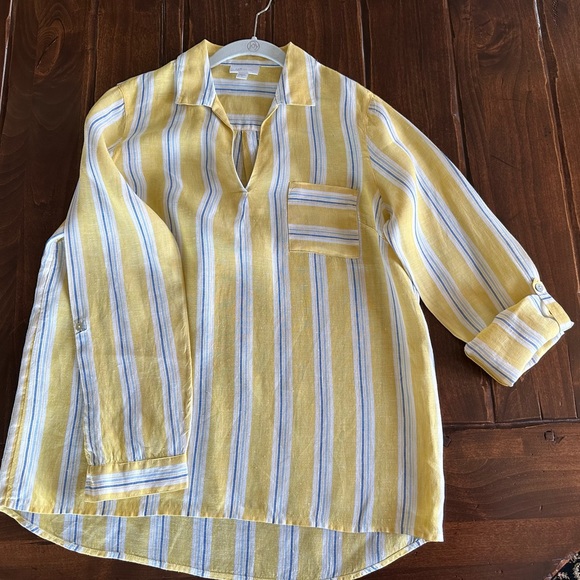 Pop-over, collared vee-neck, roll-tab sleeve blouse, JJill sz S - Picture 3 of 6